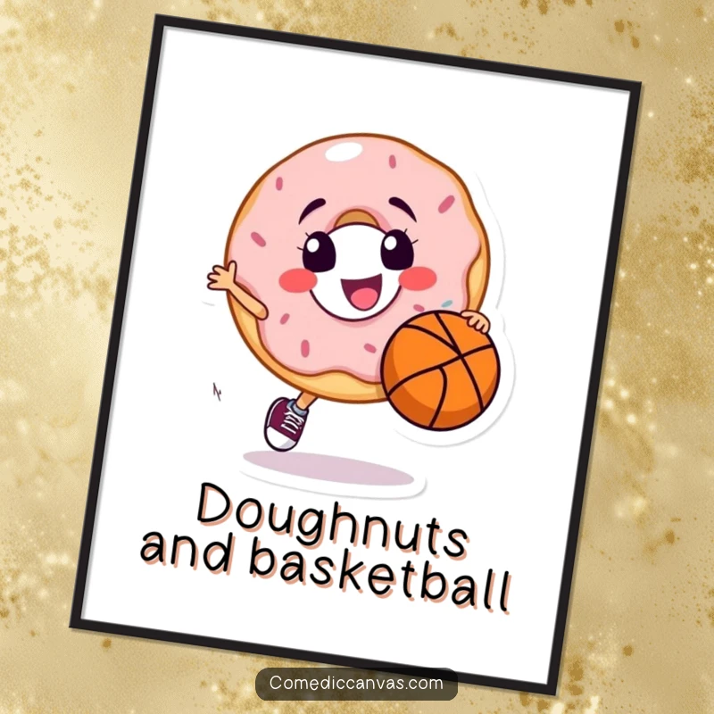 Funny poster of a smiling donut character joyfully dribbling a basketball, radiating athletic spirit and a sweet sense of fun.