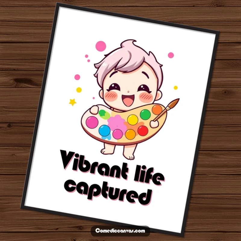 Funny giggling paint palette character overflowing with bright, cheerful colors, large wall art poster, humorous colorful illustration.