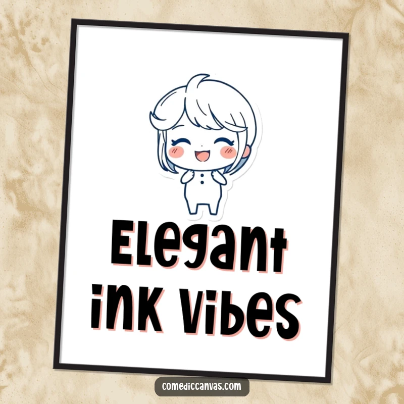 Funny Ink Pen Poster depicting a joyful character creating elegant, flowing strokes, adding a touch of artistic beauty.