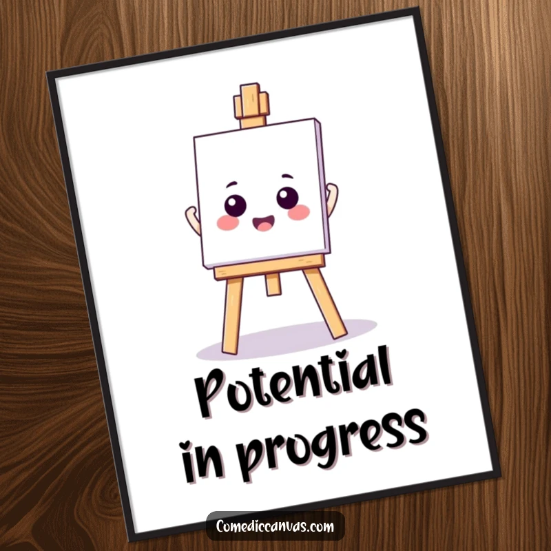 Funny kawaii easel holding a blank canvas, an inspiring art poster, representing potential and humorous artistic beginnings.