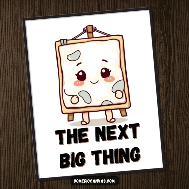 Funny smiling canvas character with a masterpiece emerging, a humorous art print for walls.