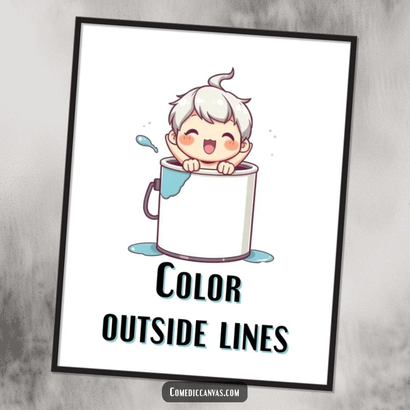 Funny poster showcasing a vibrant scene of a character popping from a paint can, celebrating artistic expression.