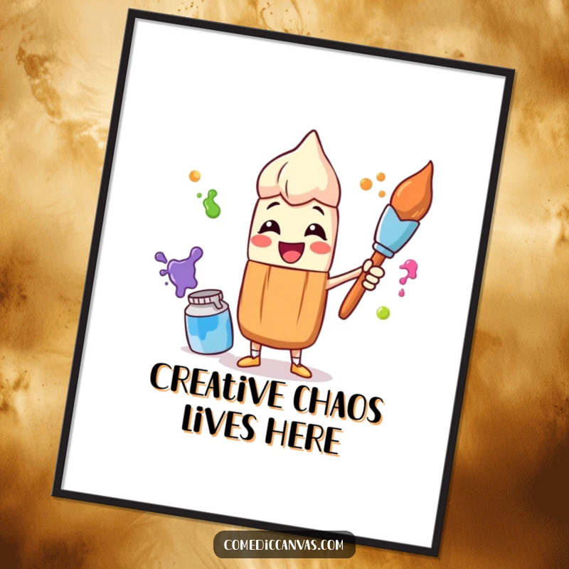 Funny poster print of a cheerful paintbrush character artfully juggling colorful paint pots, adding a humorous splash of art to any wall.