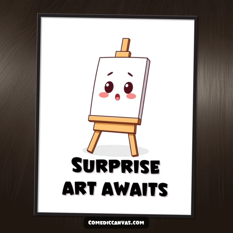 Funny poster featuring a surprised kawaii easel with a tilted canvas, adding a humorous and artistic touch to wall decor.