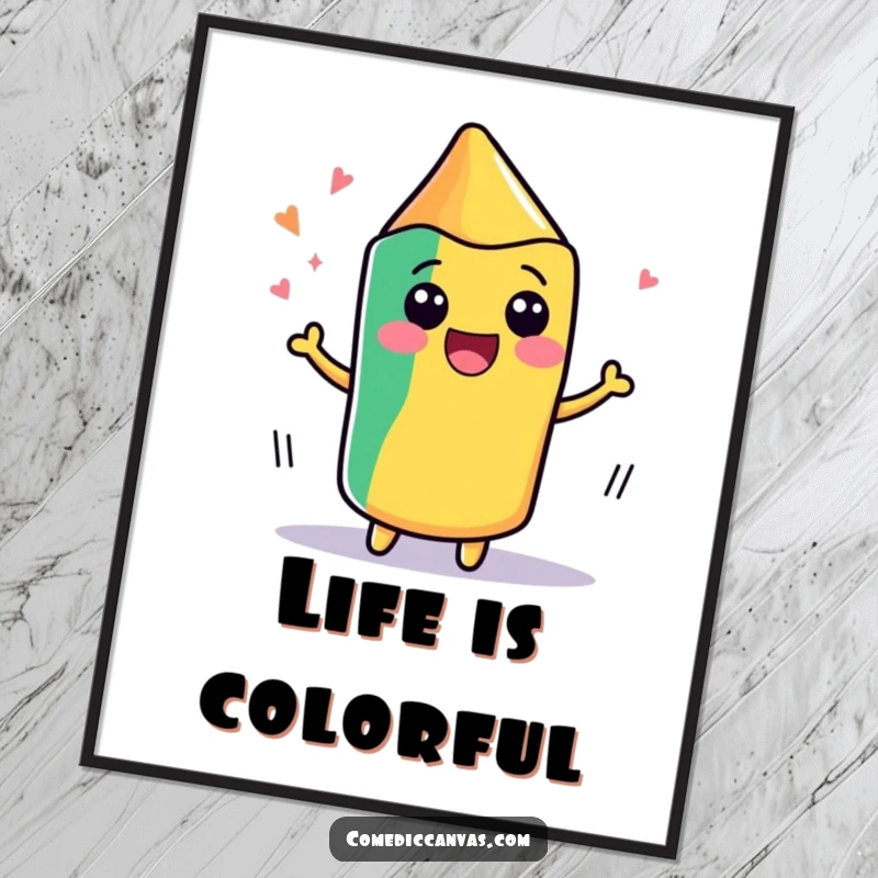 Funny poster featuring a cute, kawaii crayon wiggling with delight as it draws, adding a cheerful artistic touch to decor.
