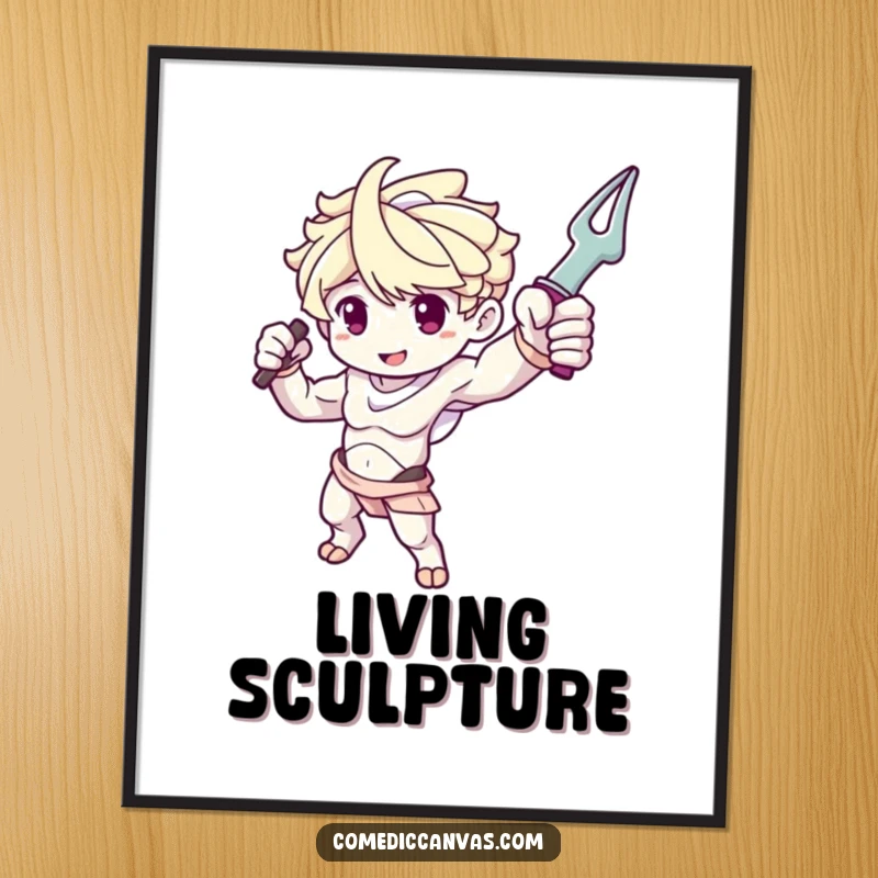 Funny art poster featuring a cute sculpture arm character dramatically posing with a tool, for decor.