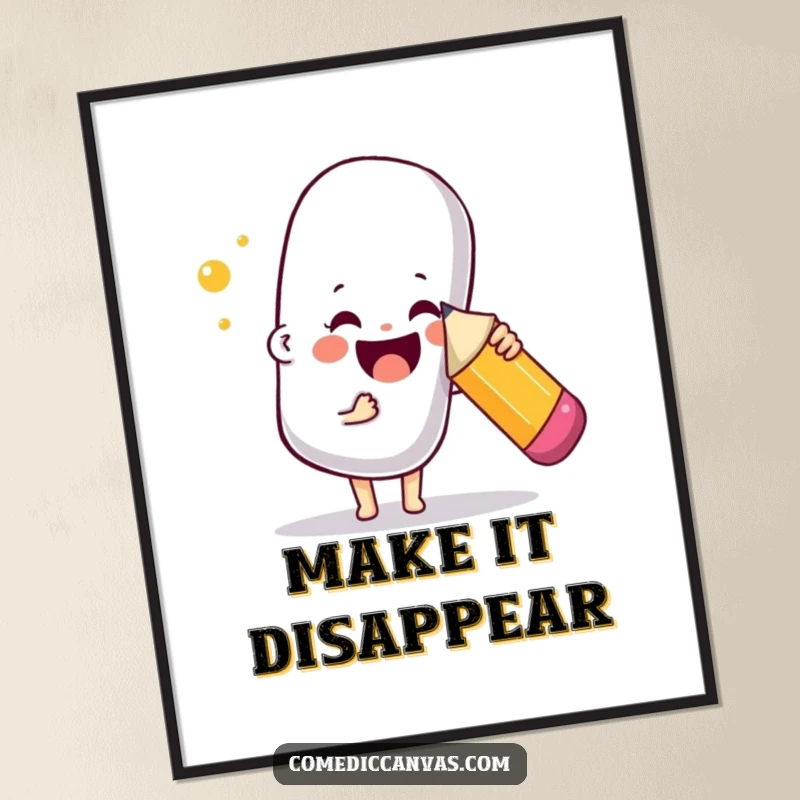 Funny poster of a joyful character playfully poking a large, bouncy eraser with a pencil, bringing art correction humor to life.