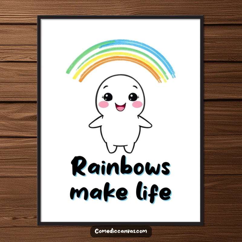Funny poster print of a cheerful crayon character creating a bright rainbow, radiating happiness and artistic wonder.