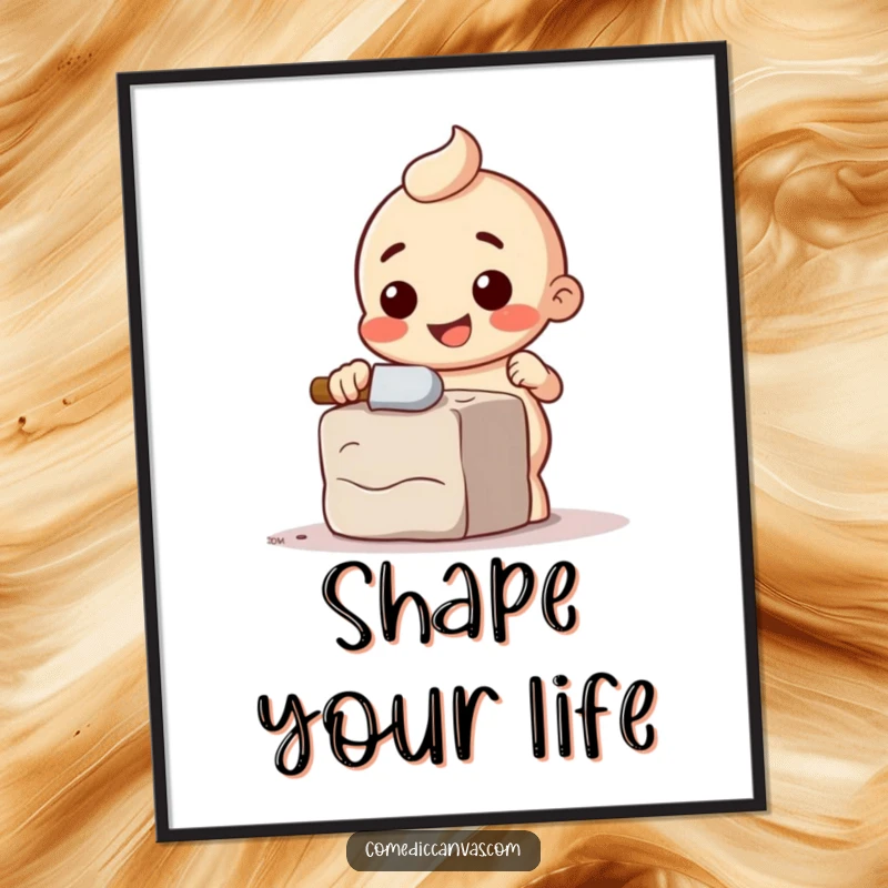 Funny art poster featuring a happy chisel character comically chipping away at a block of clay, for decor.