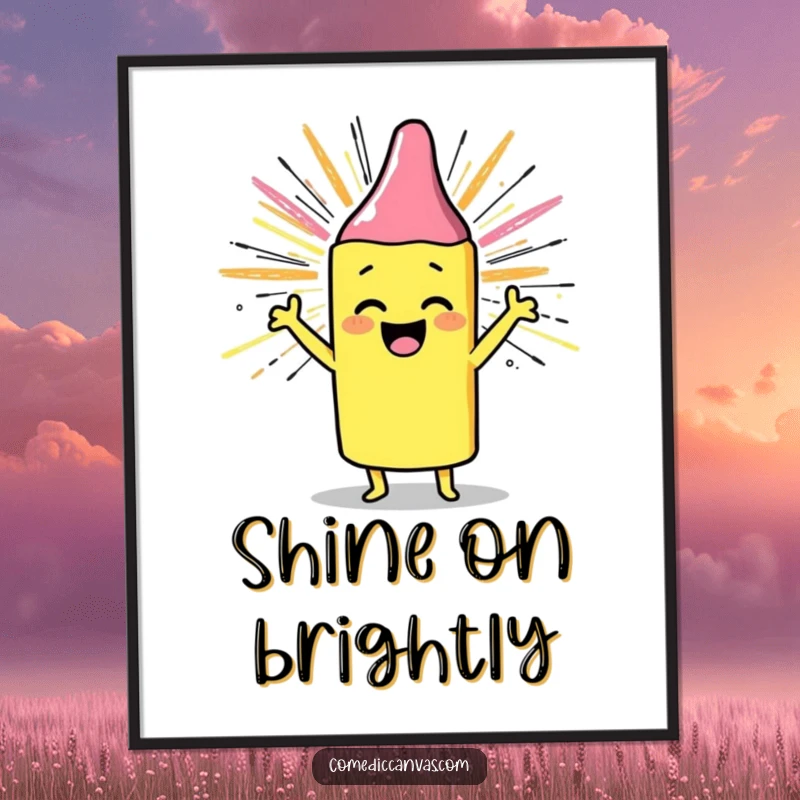Funny poster art of a cheerful crayon drawing a sunburst with scribbles, representing pure joy and creativity, a funny gift.