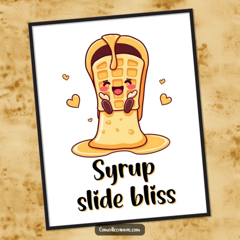 Funny cheerful waffle sliding down a chute made of syrup, displayed as delightful wall art.