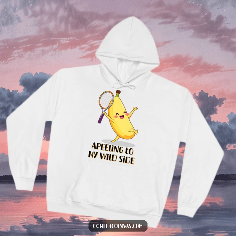 Funny banana character doing a cartwheel with a tennis racket, designed for warmth and humor on this cozy hoodie.