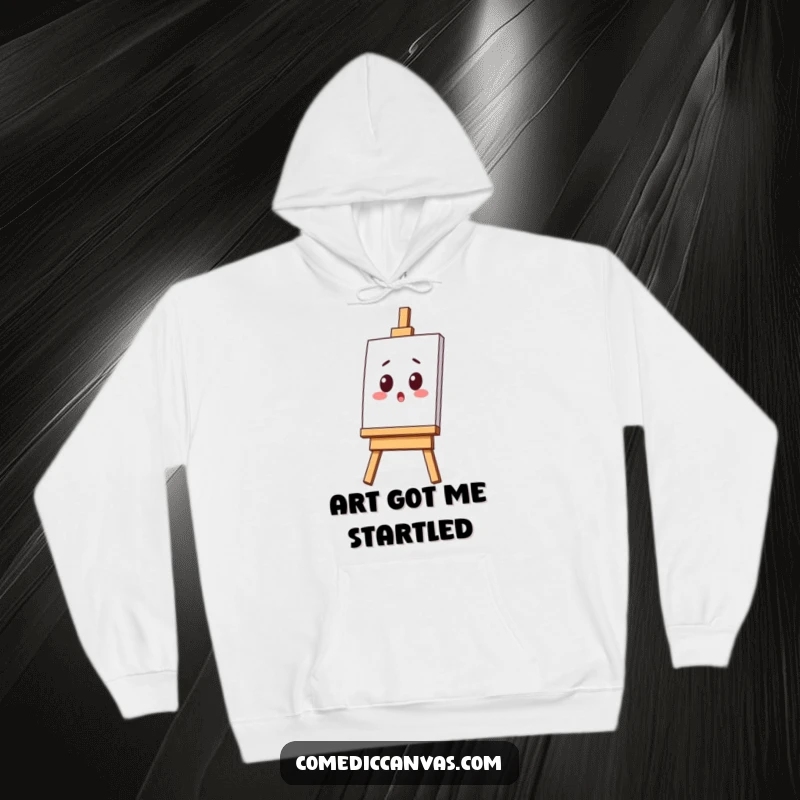 Funny hoodie showing a surprised kawaii easel with a tilted canvas, perfect for artists who enjoy humorous and cozy apparel.