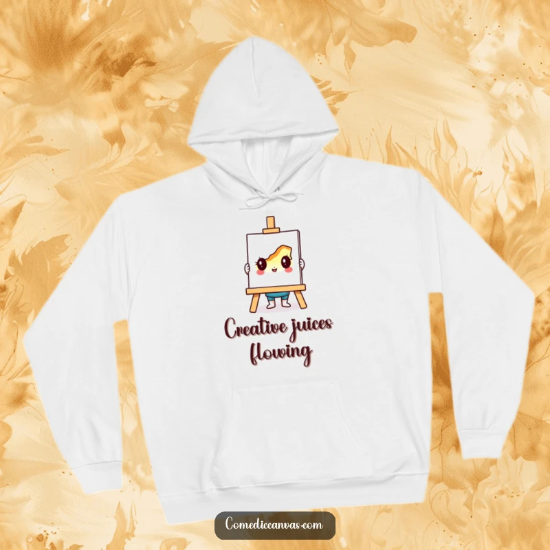 Funny hoodie featuring a cute easel figure proudly holding a colorful, half-finished sketch, perfect for art lovers and creators.