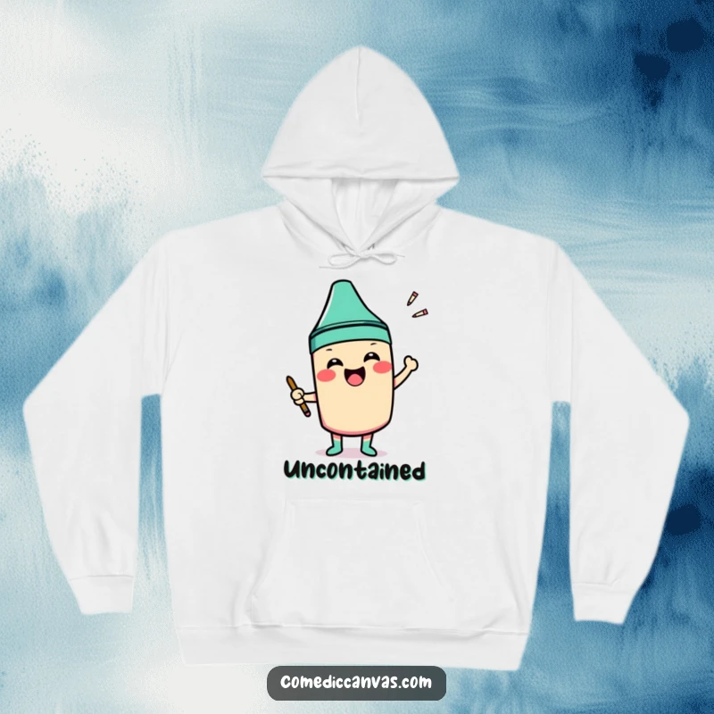 Funny hoodie with a smiling crayon character excitedly coloring outside the lines of a shape, offering cozy fun.