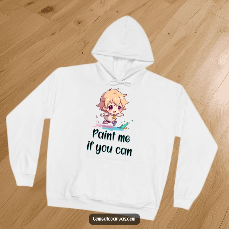 Funny hoodie featuring a character in a playful chase with a paint splash, perfect for cozy creative sessions.