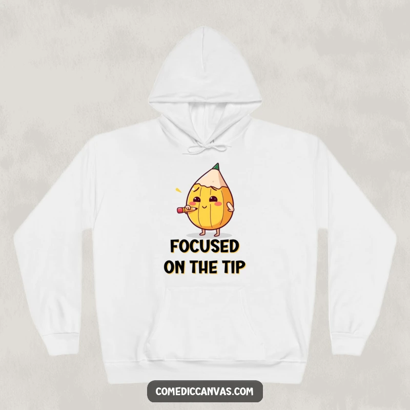 Funny hoodie featuring a round pencil character sharpening itself with extreme concentration, great for students and writers.