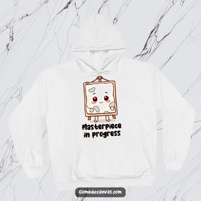 Funny smiling canvas character with a masterpiece emerging, a warm and humorous hoodie for artists.