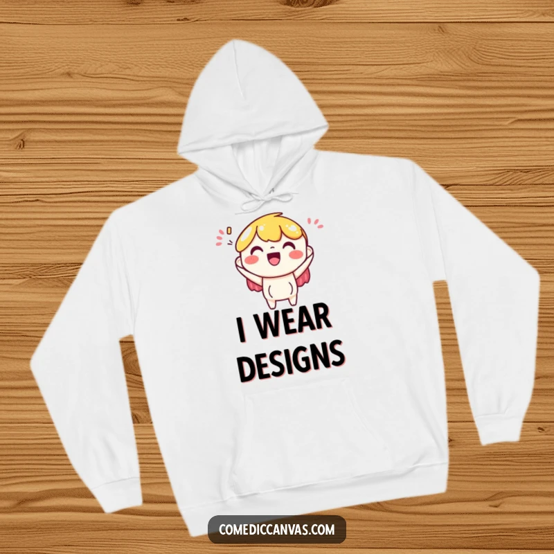 Funny hoodie featuring a cheerful art paper character excitedly embracing a colorful design, perfect for cozy creative sessions and style.