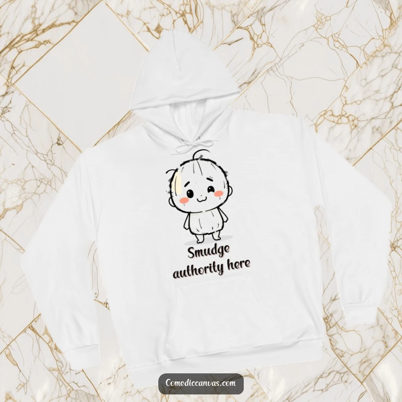 Funny hoodie depicting a determined black charcoal stick character happily smudging colorful art lines, a cozy and humorous design for creatives.