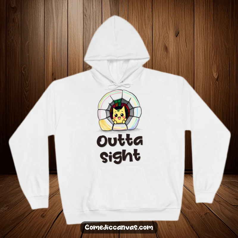 Funny hoodie with a mischievous crayon character humorously drawing a colorful escape tunnel, embodying playful defiance and artistic flair.