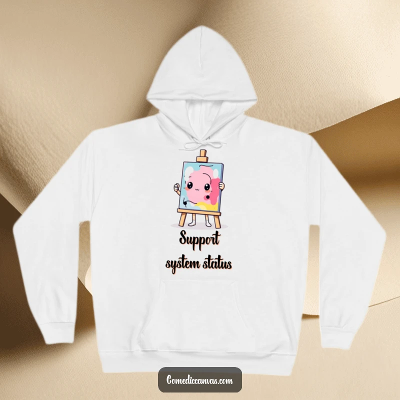 Funny determined easel character holding up a comically abstract masterpiece, warm hooded sweatshirt, humorous artistic art.