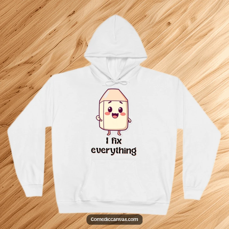 Funny hoodie depicting a happy eraser character erasing a surprised expression, symbolizing fixing issues with cheer.
