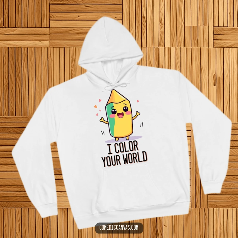 Funny hoodie depicting a cute, kawaii crayon wiggling with delight as it draws, perfect for staying warm and inspired.