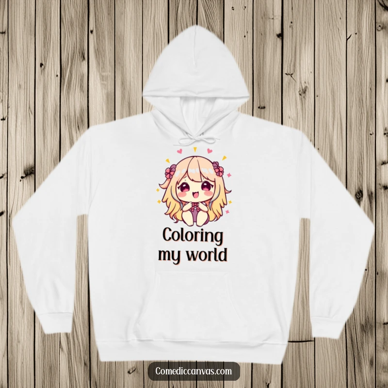 Funny kawaii palette blending bright, bold colors, a cozy hoodie for art enthusiasts, embodying creativity and cheerful humor.