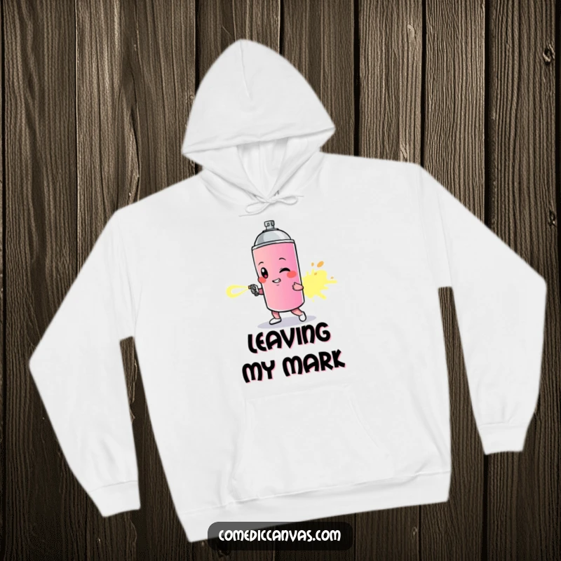 Funny hoodie featuring a determined spray paint can character creating a vibrant, artistic trail, perfect for creators.