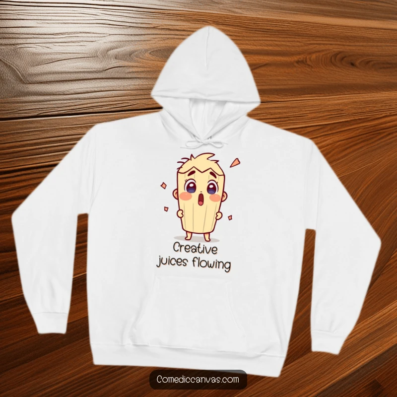 Funny surprised pencil character sketching energetically on a hoodie, offering warmth and a splash of artistic humor.