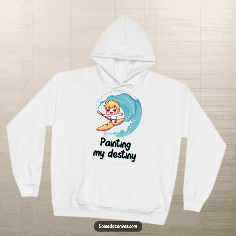 Funny hoodie showing a character joyfully surfing a canvas wave on a paintbrush, offering warmth and artistic humor.