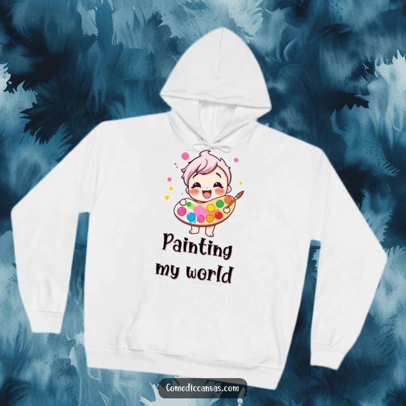 Funny giggling paint palette character overflowing with bright, cheerful colors, warm hooded sweatshirt, humorous colorful art.