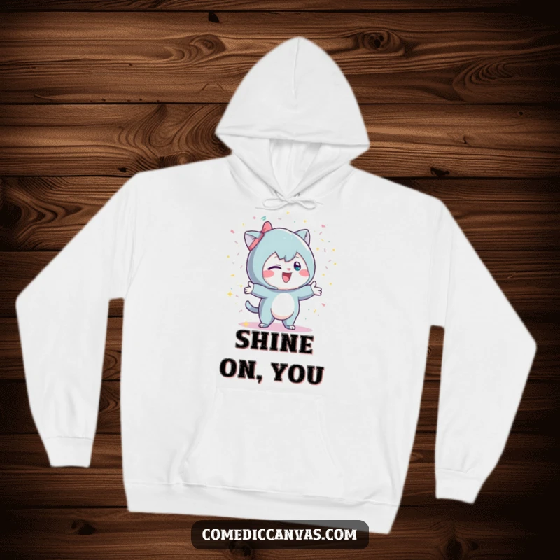 Funny hoodie featuring a mischievous character playfully throwing glittery confetti, offering warmth and a festive atmosphere.