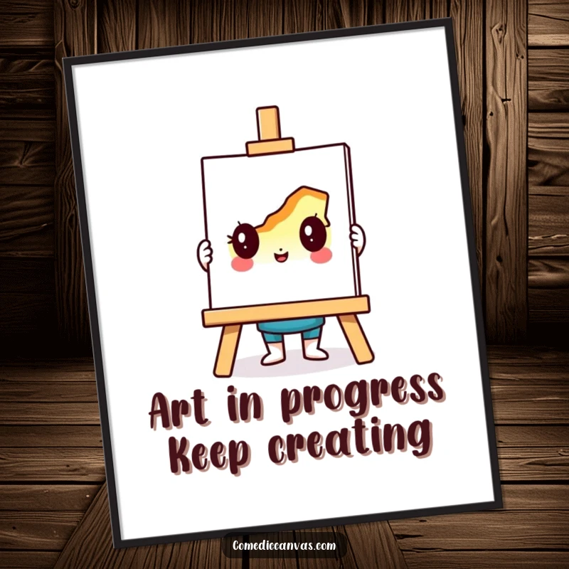 Funny Free Printable Wall Art: A proud easel character showcases a colorful, half-done drawing, adding artistic humor.