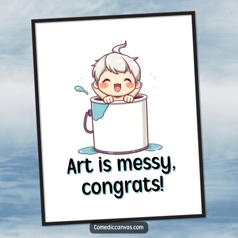 Funny free printable wall art of a character joyfully emerging from a paint can, symbolizing creative energy and fun.