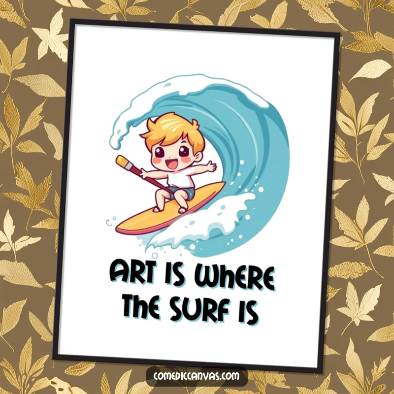 Funny free printable wall art: a joyful character surfs a paintbrush down a dynamic canvas wave, a whimsical downloadable art piece.