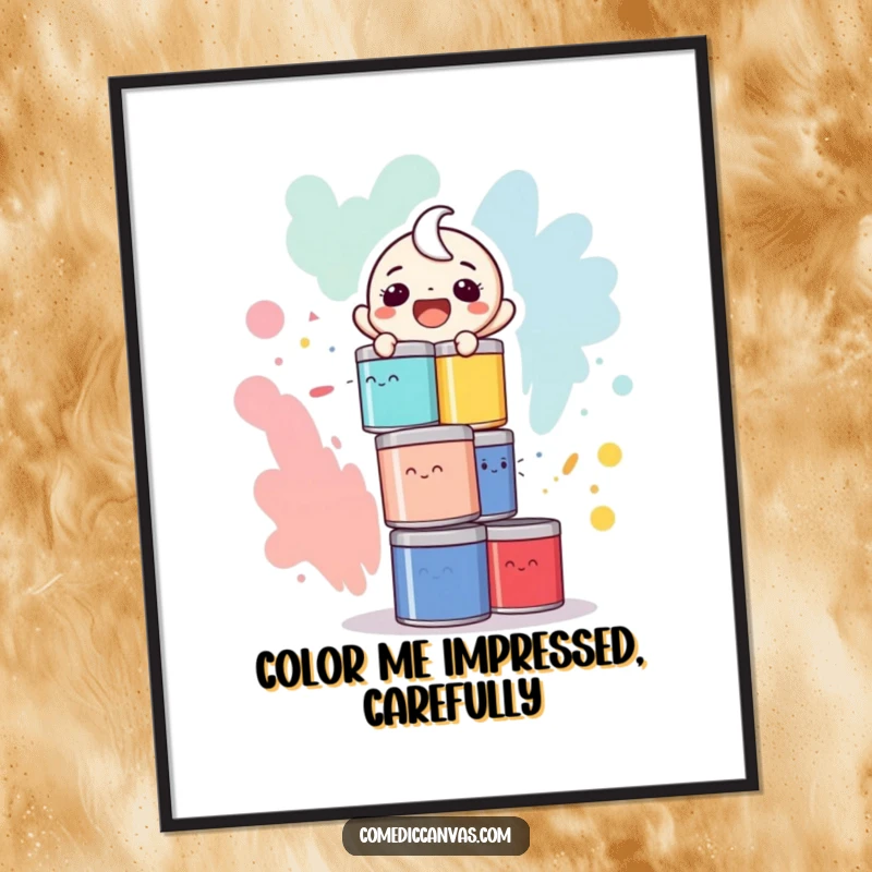 Funny free printable wall art of a laughing character precariously balancing a towering stack of colorful paint cans.