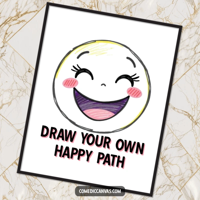 Funny Free Printable Wall Art: Delighted crayon cartoon drawing a giant smiley face, joyful downloadable decor.