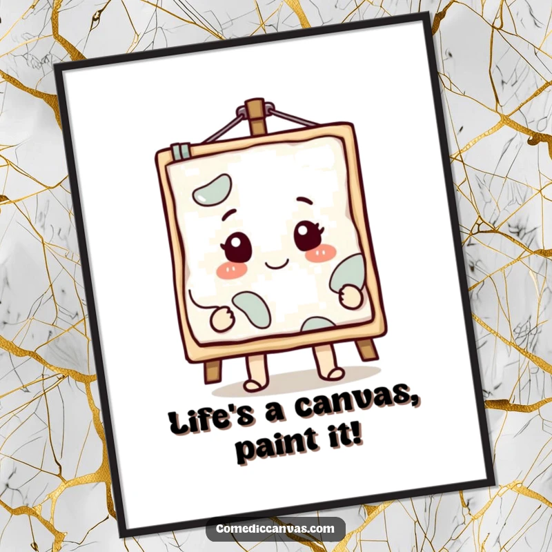 Funny Free Printable Wall Art: Smiling canvas cartoon with a masterpiece emerging, elegant downloadable art.
