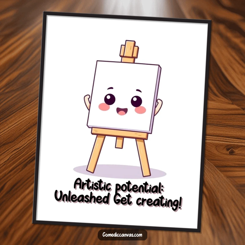 Funny Free Printable Wall Art: A kawaii easel stands excitedly, blank canvas ready for inspiration, a fun downloadable gift.