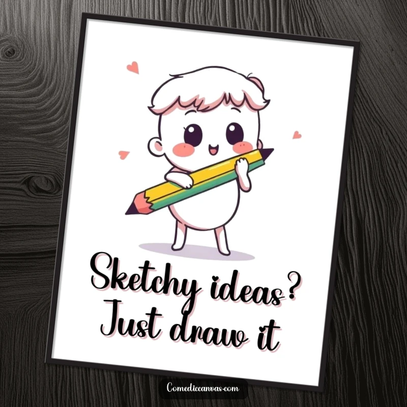 Funny Free Printable Wall Art: A kawaii pencil excitedly sketches a fast, energetic line, adding dynamic flair. Fun downloadable gift.
