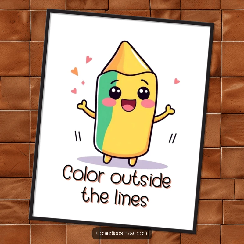 Funny Free Printable Wall Art: A kawaii crayon wiggles with delight while drawing, adding a touch of artistic humor to decor.