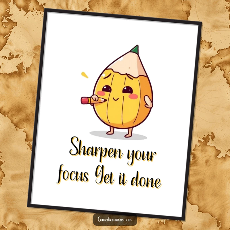 Funny Free Printable Wall Art: A round pencil character intensely sharpens itself, bringing focused humor to decor.