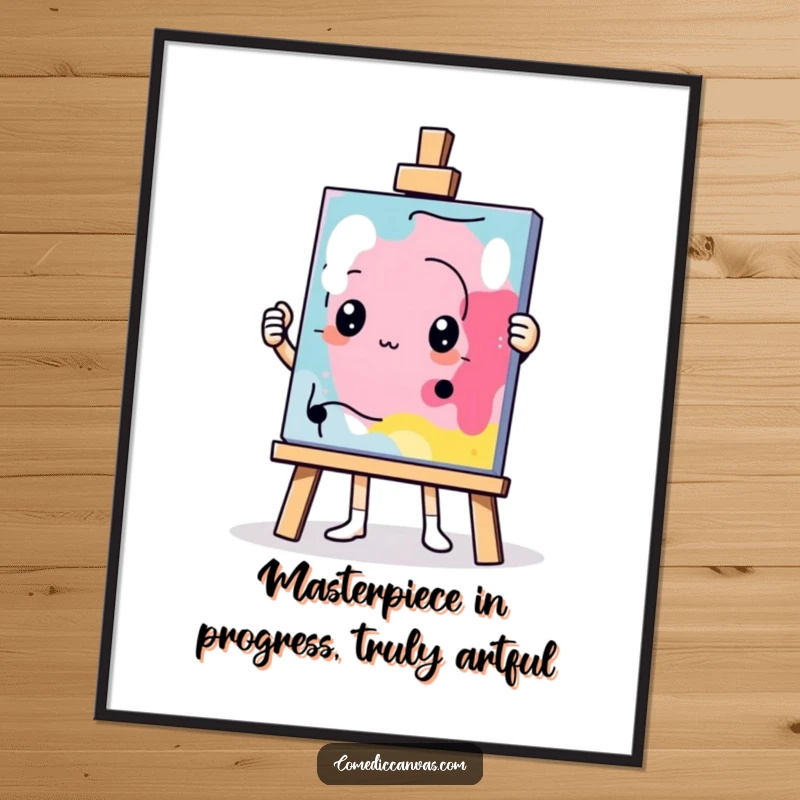 Funny Free Printable Wall Art: A determined easel character presenting a comically abstract and wonderfully bewildering masterpiece.