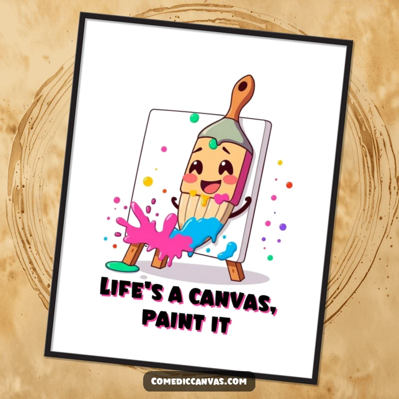 Funny Free Printable Wall Art of a smiling paintbrush character excitedly splattering vibrant paint onto a blank canvas.