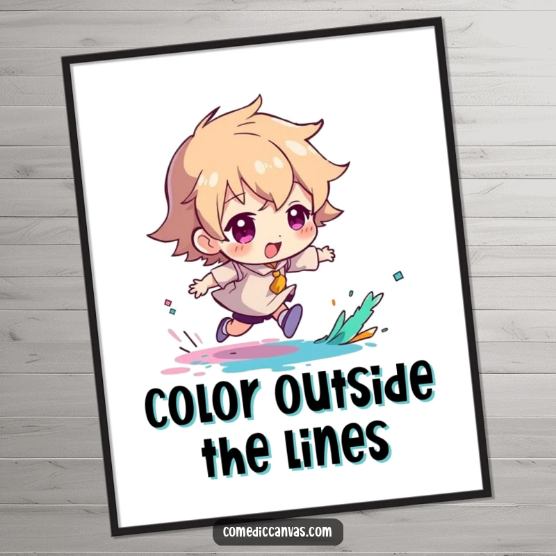 Funny free printable wall art of a character playfully chasing a vibrant splash of paint, capturing movement and humor.