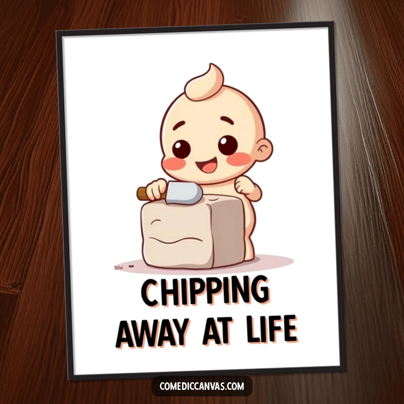Funny Free Printable Wall Art: Happy chisel character comically chipping away at a block of clay, a dynamic art piece.