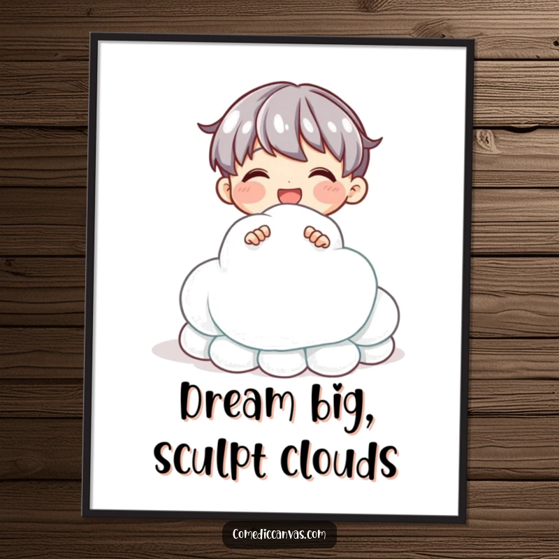Funny Free Printable Wall Art: Character delighted while sculpting a fluffy cloud from shimmering clay, a quirky art piece.