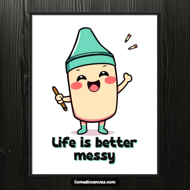 Funny Free Printable Wall Art: Smiling crayon character excitedly coloring outside the lines of a shape, celebrating creativity.